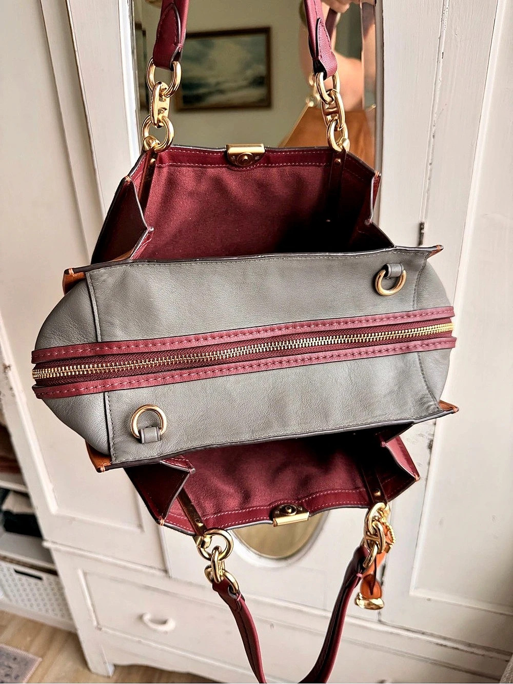 Coach Dreamer Satchel Colorblock Suede Satchel in Brown & Burgundy - Picture 11 of 11